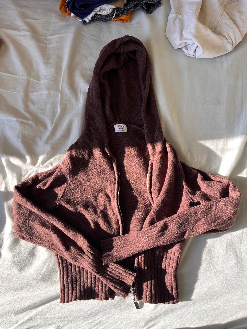 Brown cropped double zip hoodie size XS cotton on
